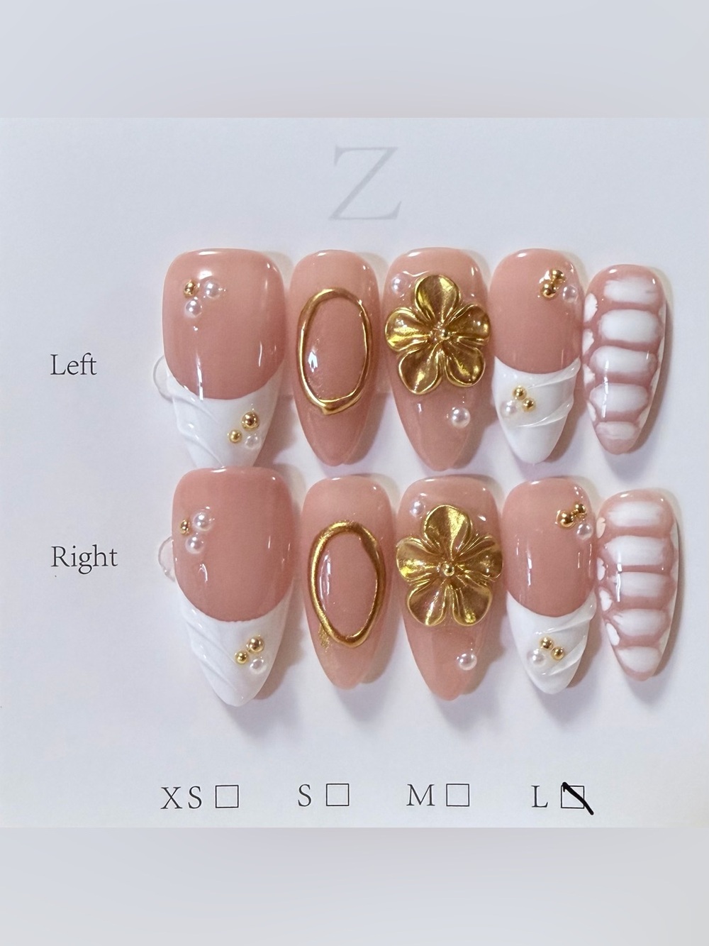 Neutral Nude & White Press-On Nails with Gold Accents